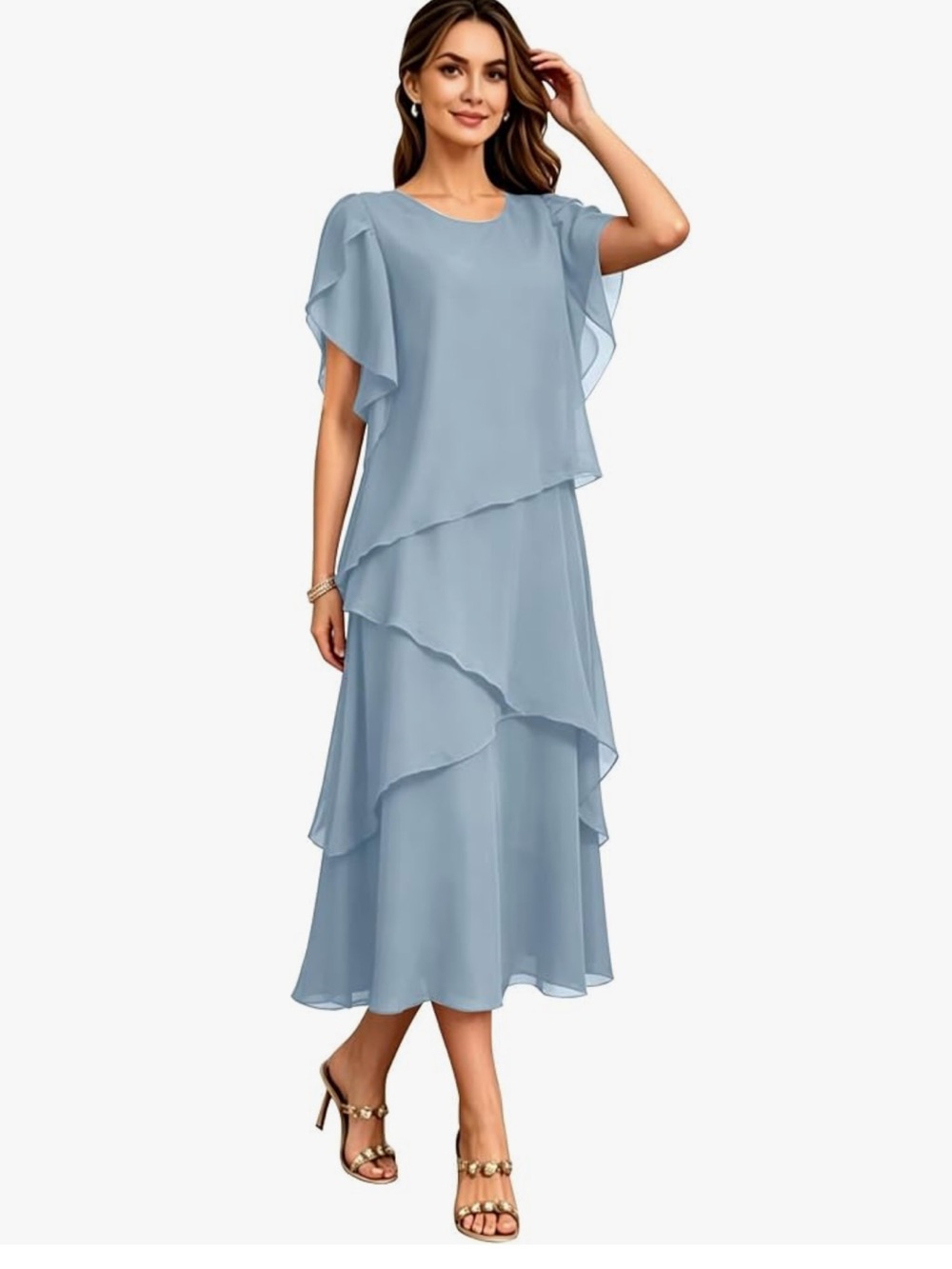 Light Blue Chiffon Midi Dress with Layered Ruffles